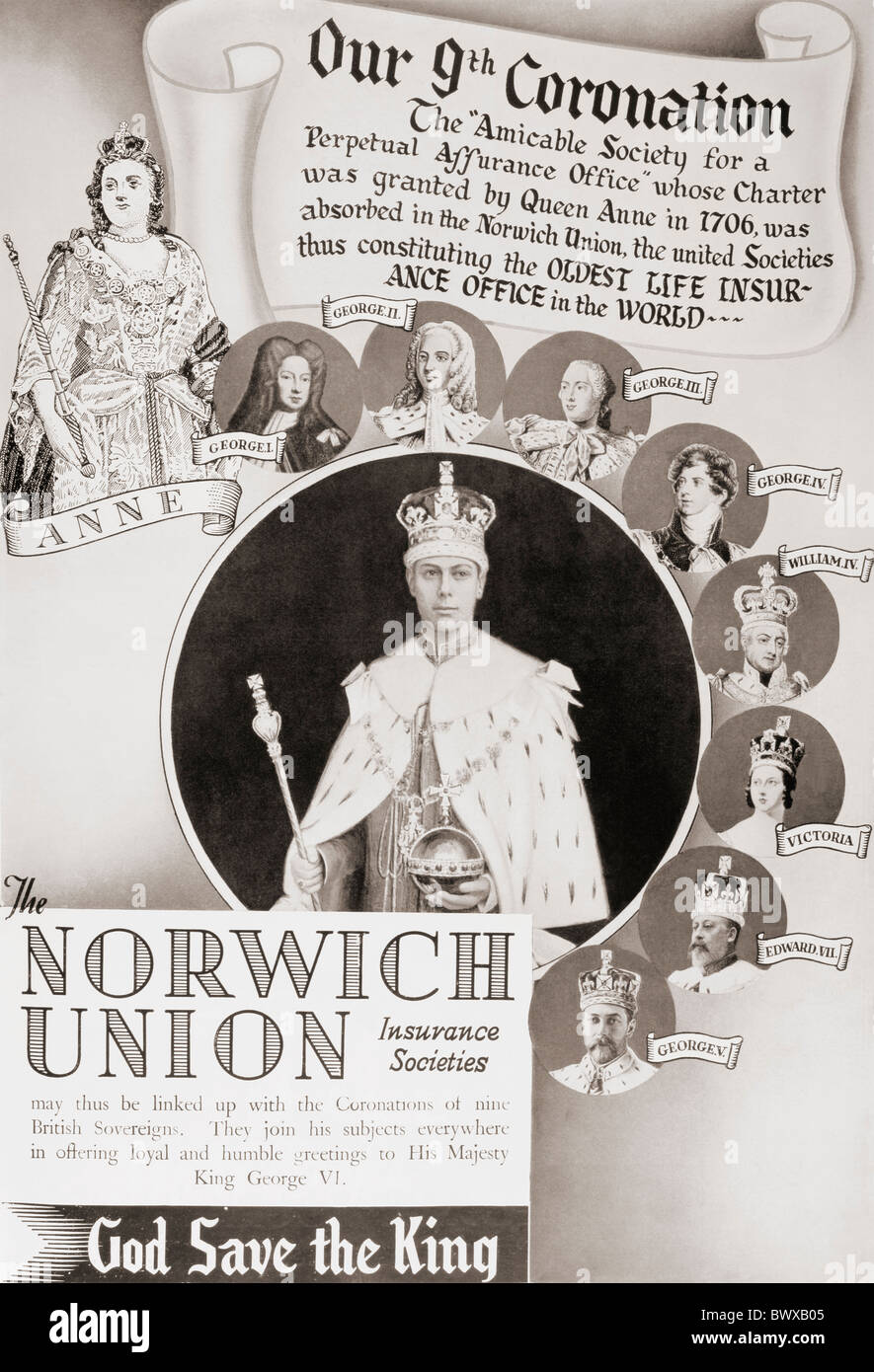 Eine Werbung für die Norwich Union Insurance Society aus dem Jahr 1937, um George VI. Und seine 9. Krönung zu feiern. Stockfoto