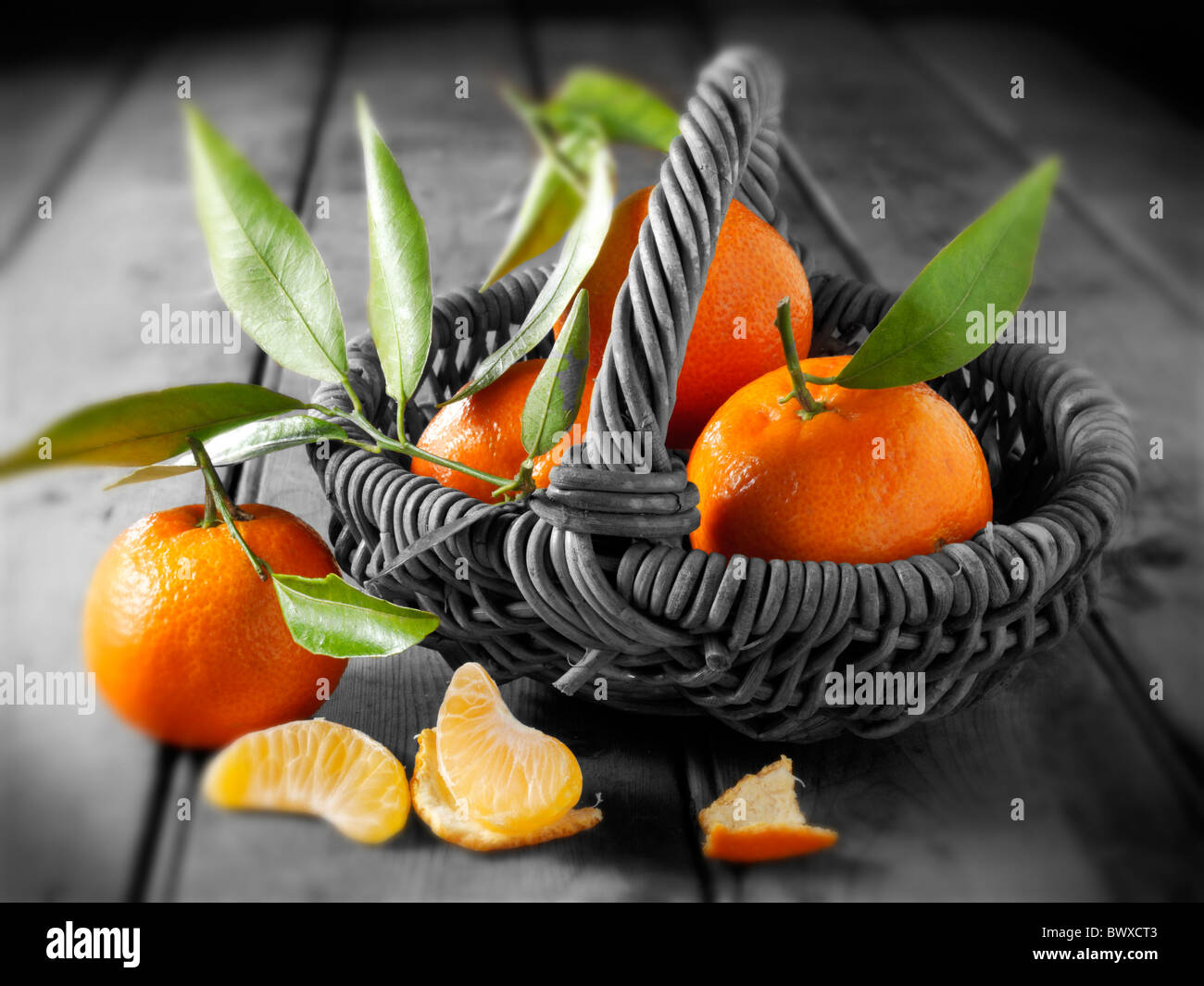 Frische Mandarinen Früchte mit Blättern. Stockfoto