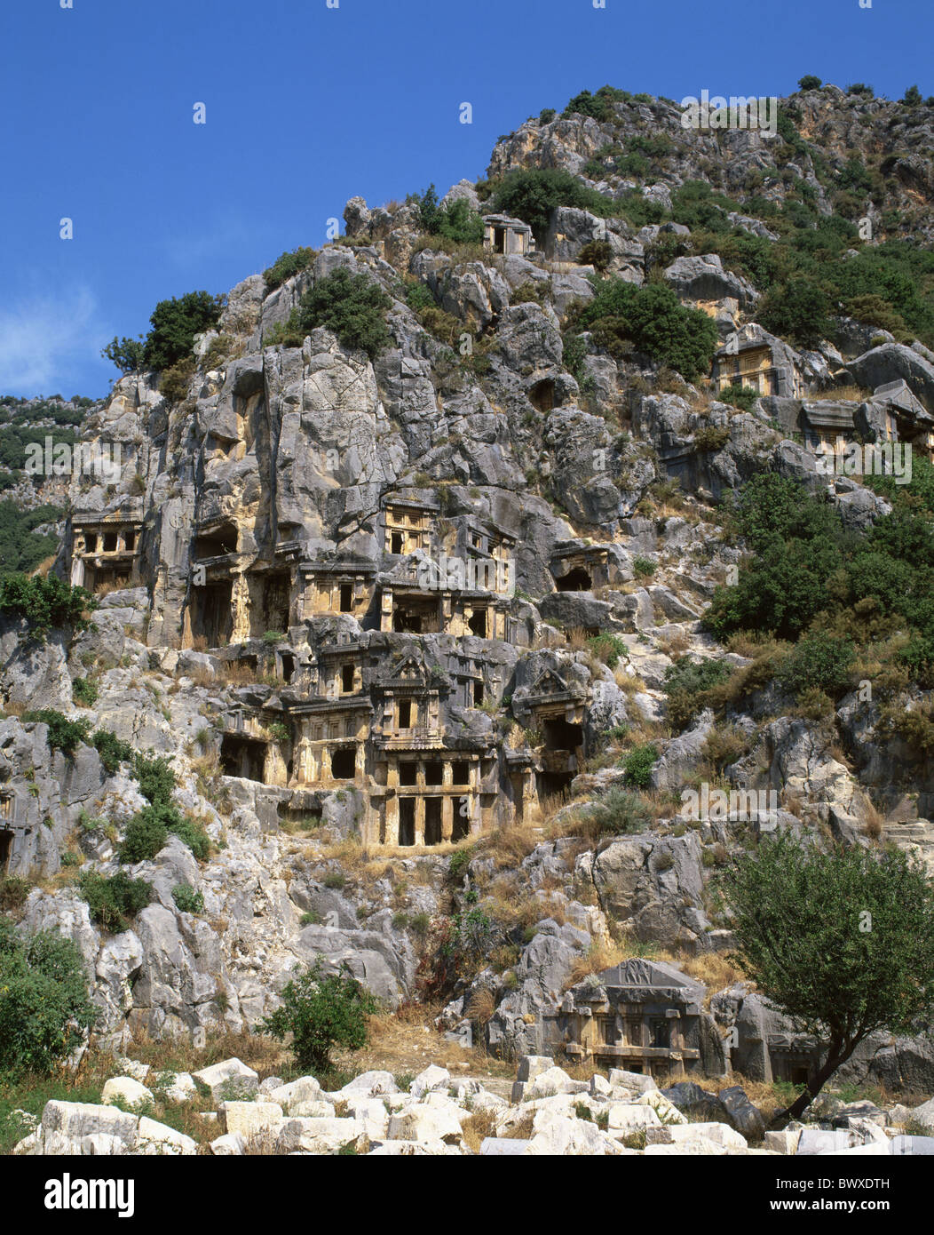 alte Bäume Klippe Gräber Felswand Myra Ruinen Straucher Türkei Stockfoto