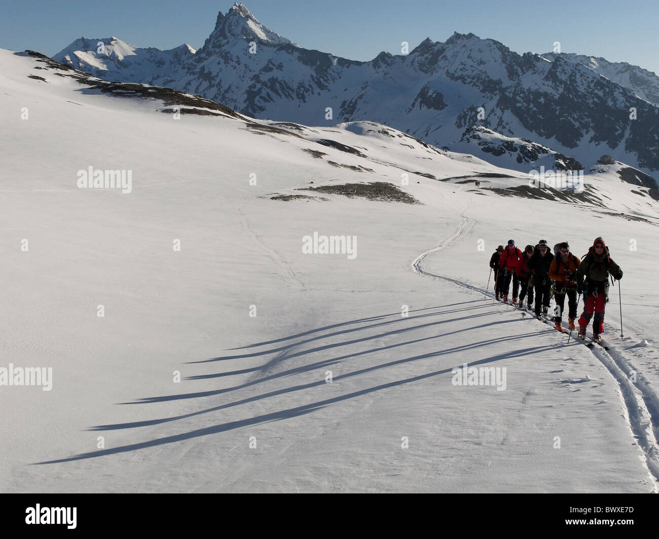 Eagle Ski Club Überschrift eine Gruppe um den Col de Cheilon oberhalb der Cabane des Dix, Schweiz Stockfoto