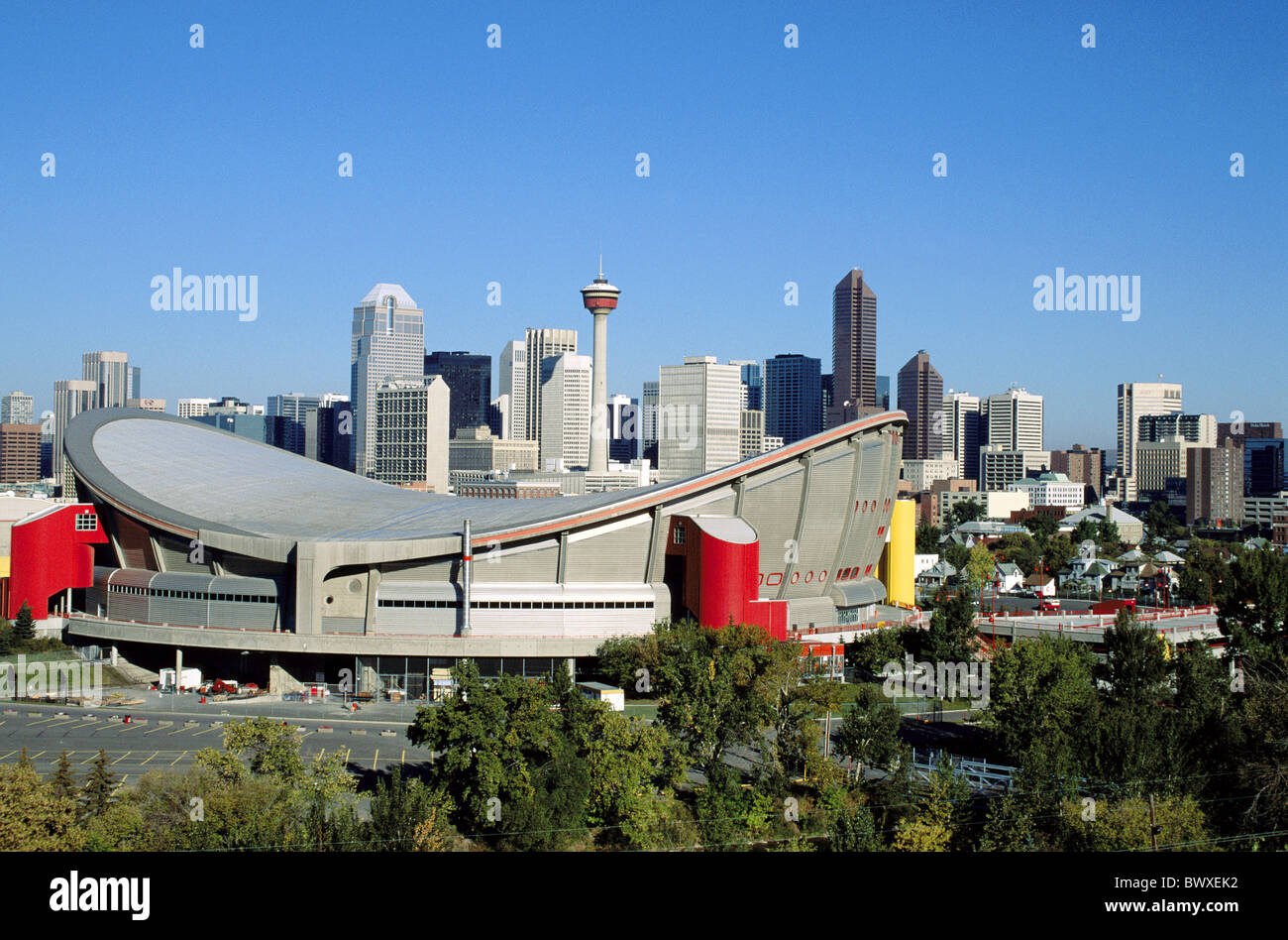 Alberta Ansicht Calgary Kanada Nordamerika Eis Stadion Olympia Skyline Übersicht Stockfoto