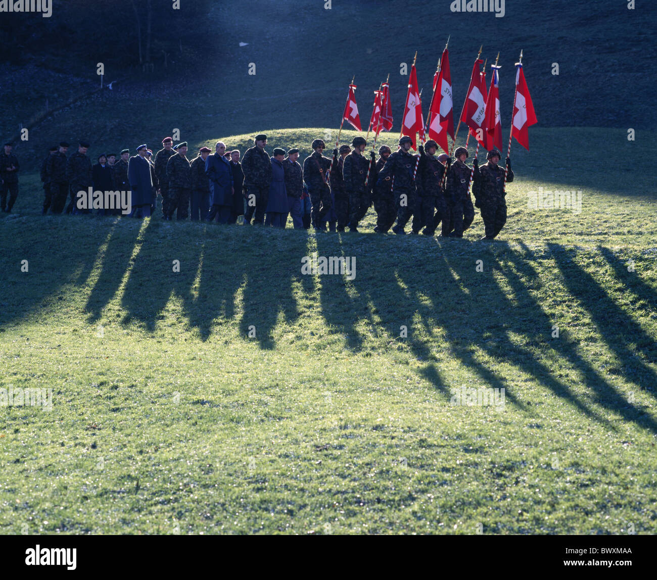 Fahnenträger Ensign militärische Morgarten Schlacht Fest Feier Kampf Schweiz Europa r Stockfoto