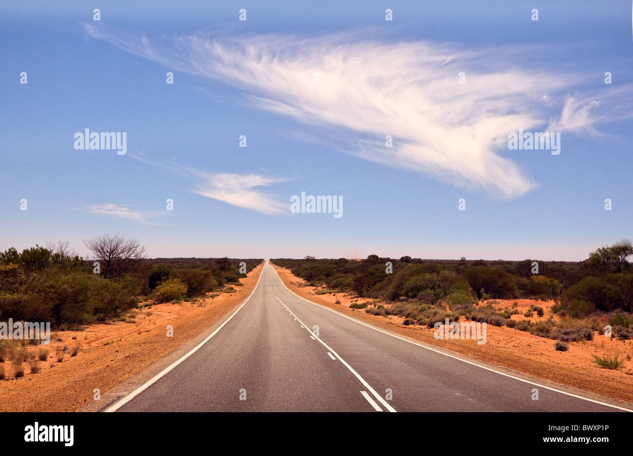 Coastal Highway in Westaustralien schneiden gerade und flach durch den Busch über Hunderte von Kilometern Stockfoto