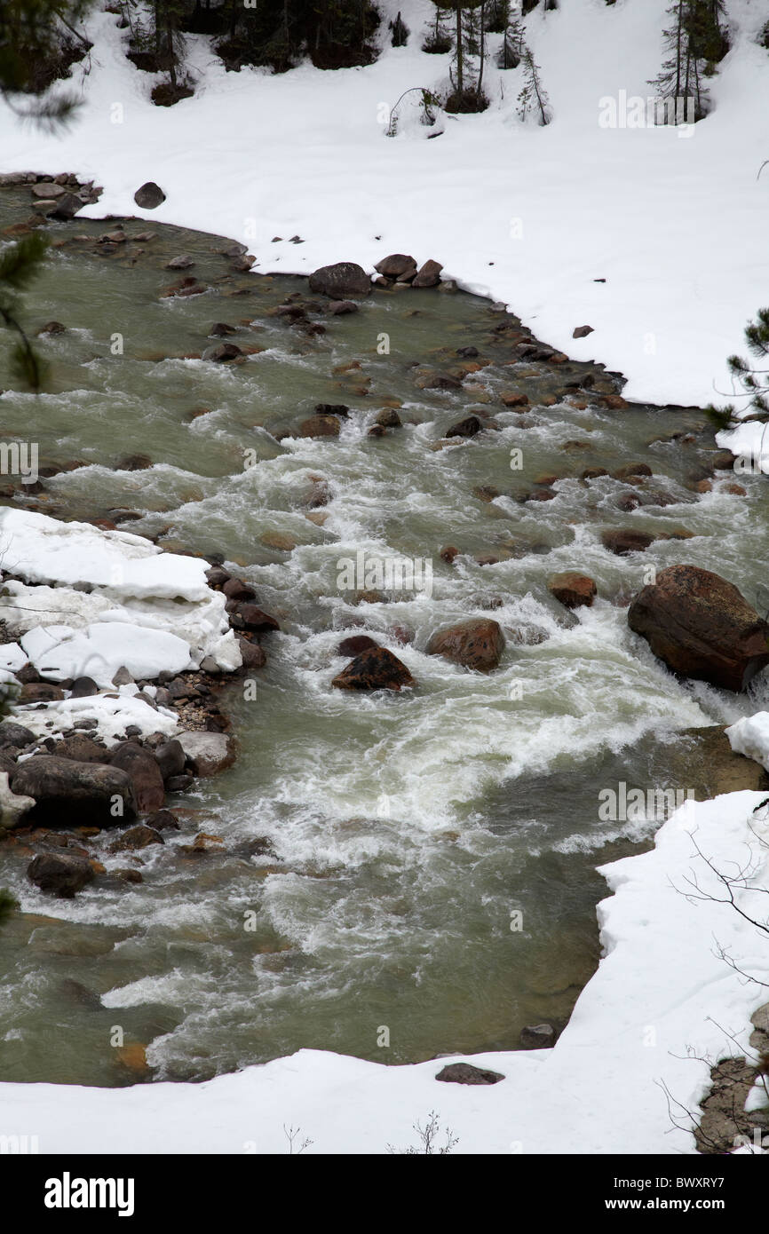 Sunwapta River oberhalb Sunwapta Falls, im Winter durch Icefields Parkway, Jasper Nationalpark, Alberta, Kanada Stockfoto