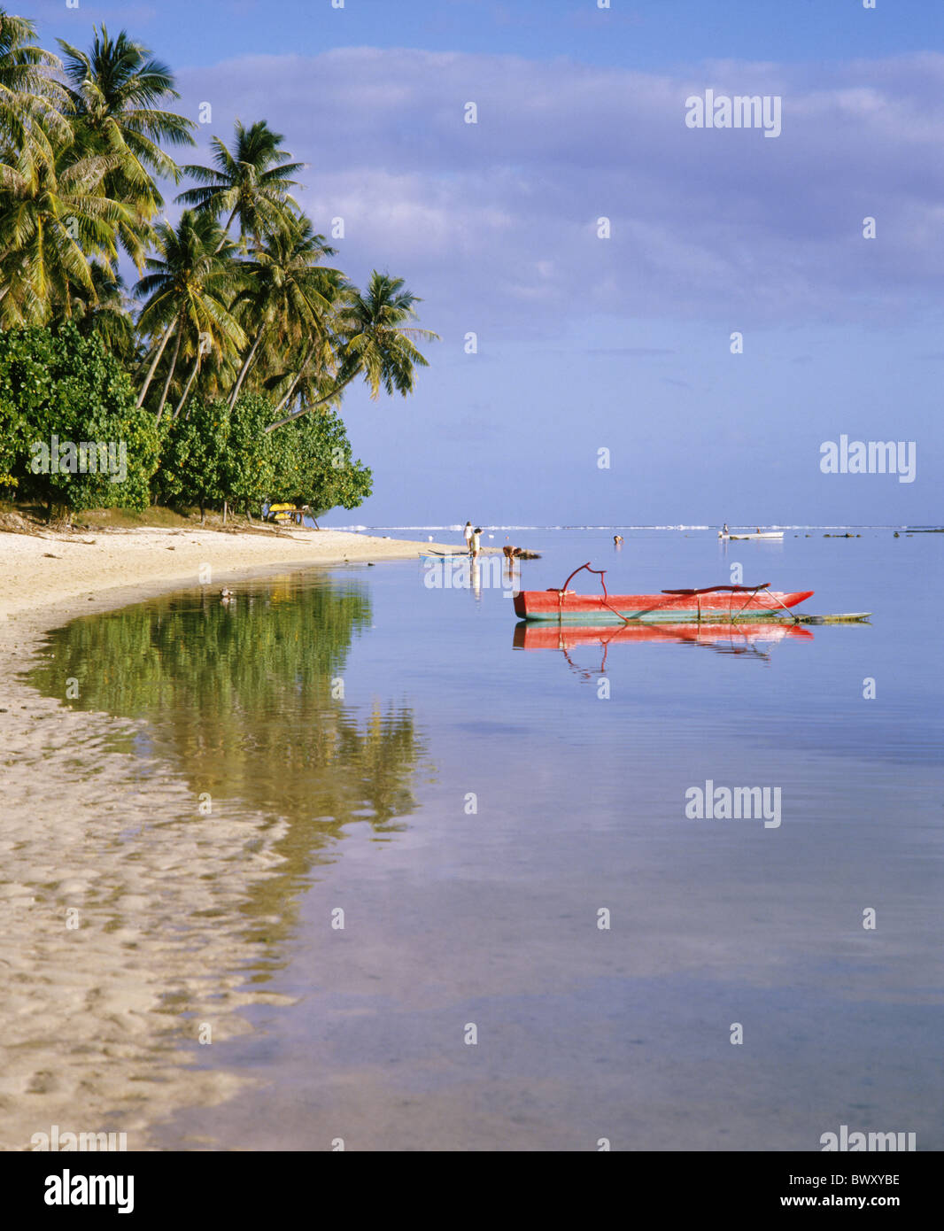 Ausleger Boot Meer Palmen Strände Meeresküsten Tahiti Pazifik Pazifik Stockfoto