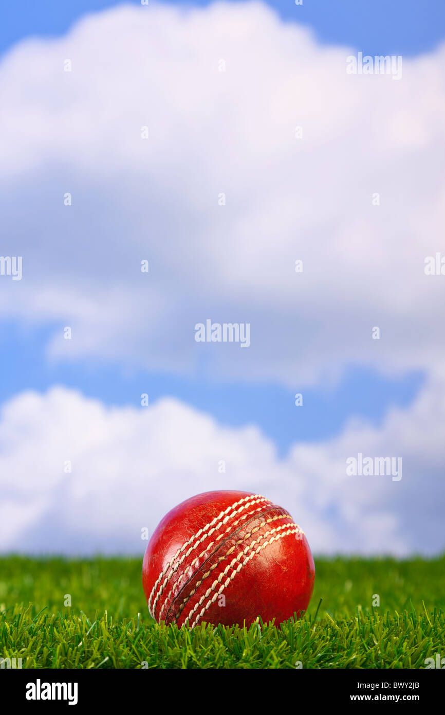 Foto von ein Cricketball auf Rasen mit Himmelshintergrund. Stockfoto