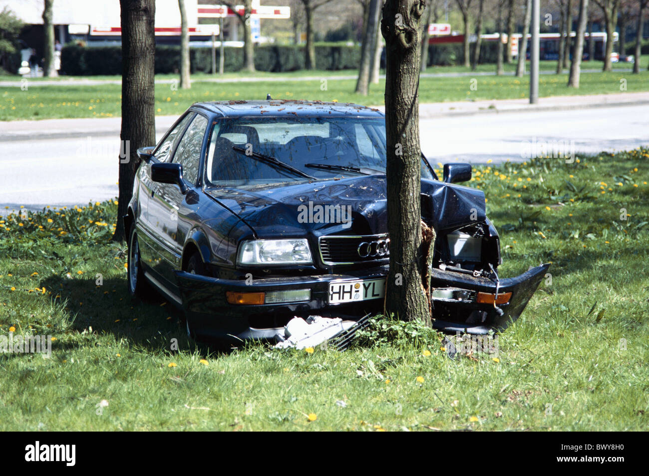 grasbewachsenen Ebene Kollision PKW Auto Auto Kfz-Verkehr Unfall Unfall Baum Stockfoto