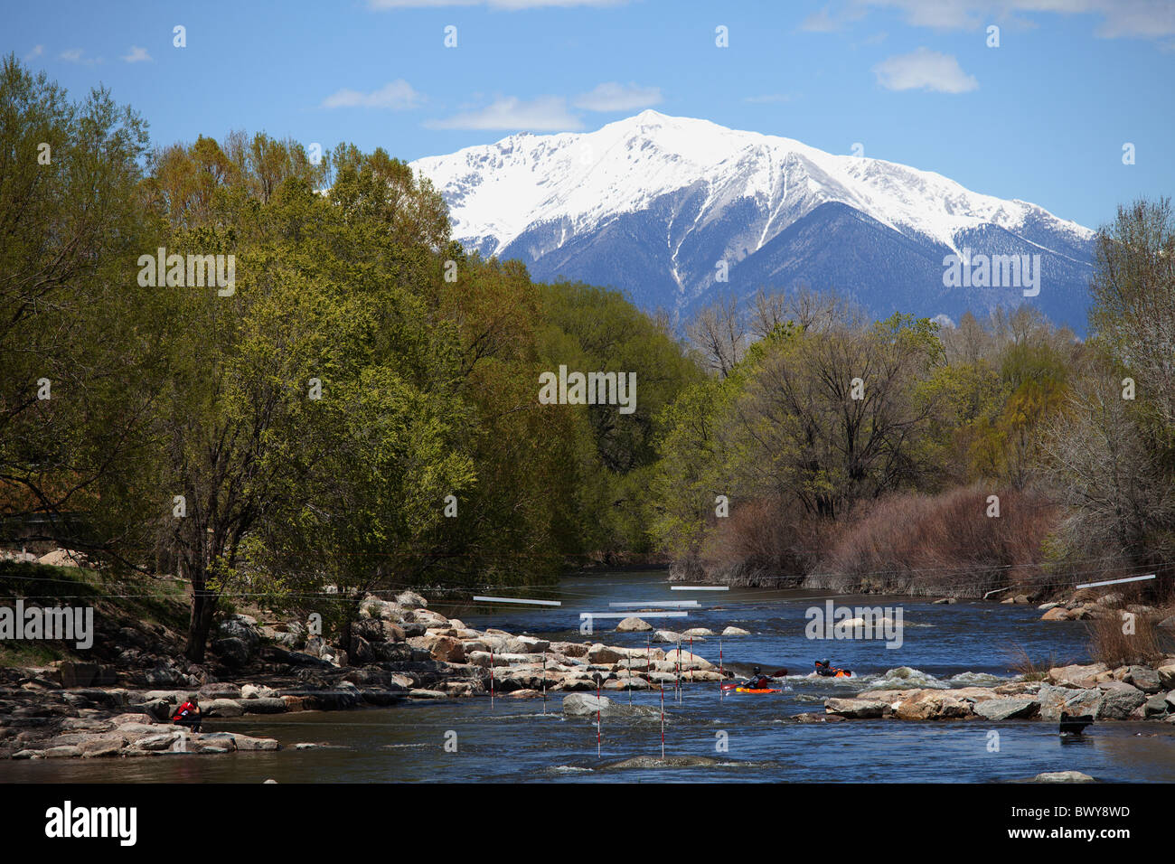 Kajakfahren auf dem Arkansas River, Salida, Chaffee County, Colorado, USA Stockfoto