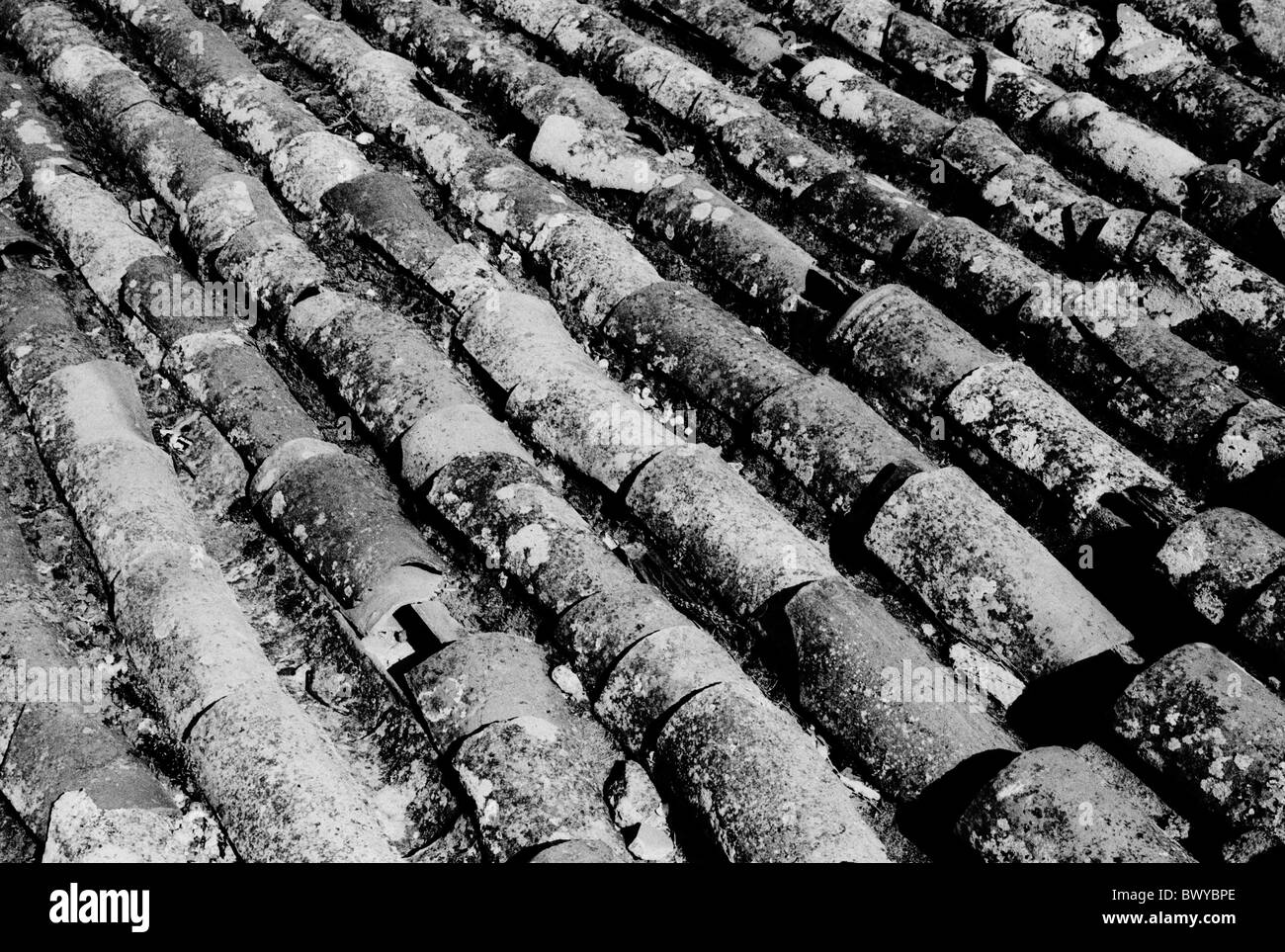 alte Architektur Dach Dach Fliesen defekt Detail Haus Hause gebrochen schwarz-weiß Ziegel Stockfoto
