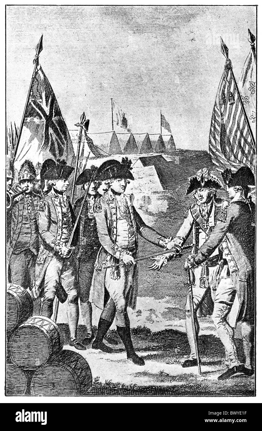 The Surrender of Lord Cornwallis in Yorktown, Virginia, 19. Oktober 1781; Black and White Illustration; Stockfoto