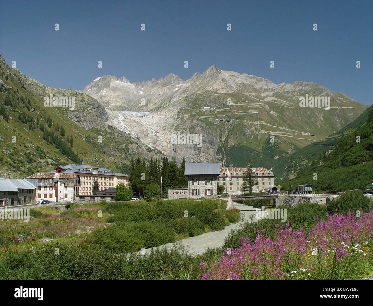 Alpen Berge Alpenblumen blühen Wiese Brücke Fluss Fluss Furka Galenstock Gletsch Gletscher Goms heiß Stockfoto
