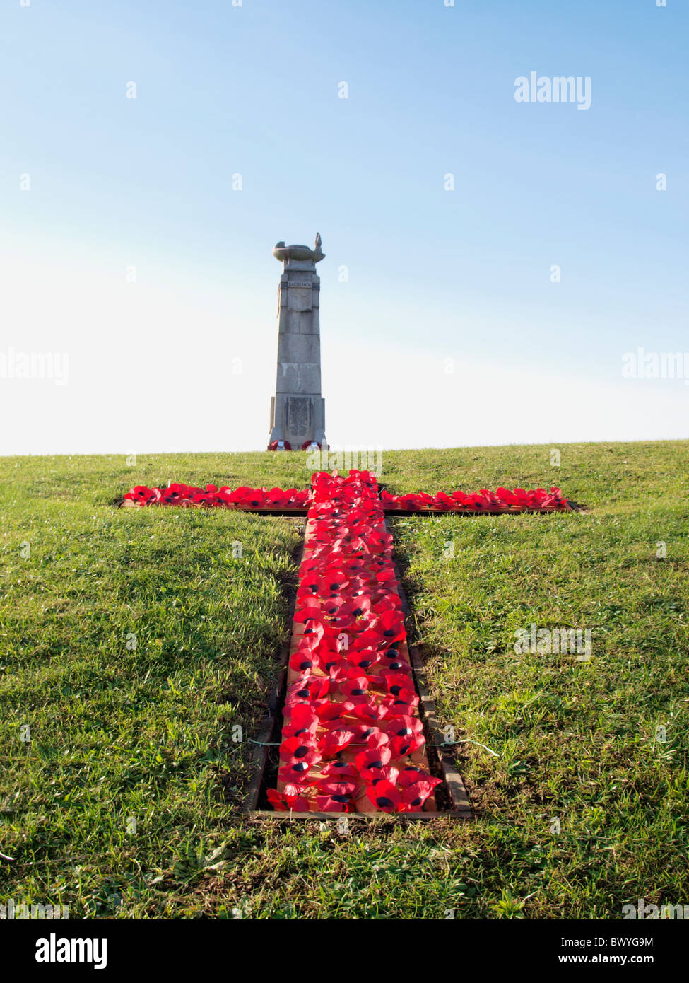 Großer Mohn Kreuz und Krieg-Denkmal, Bude, Cornwall, UK Stockfoto