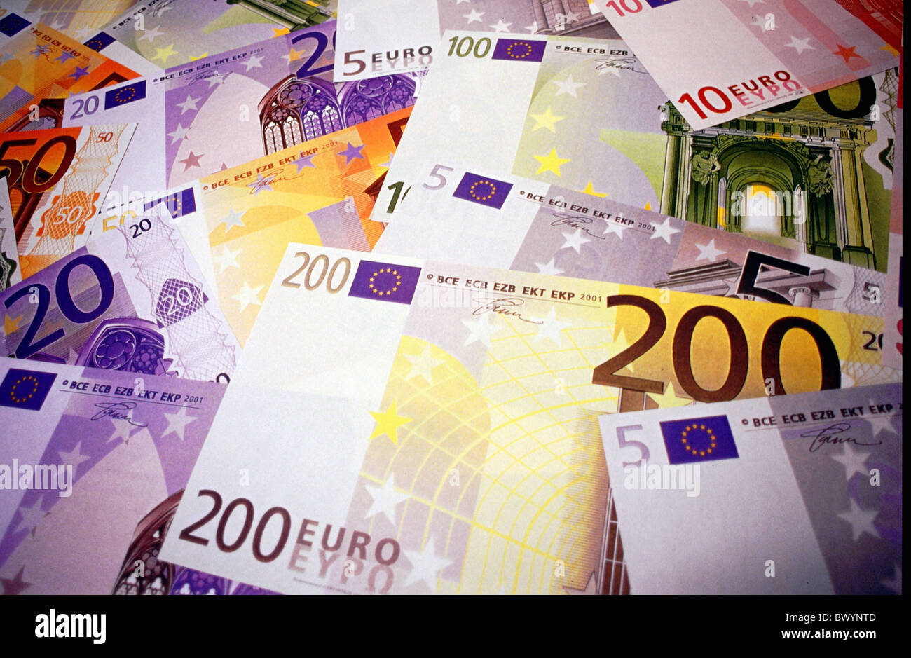 verschiedene EU Euro Finanzen Geld Geldscheine Banknoten Stockfoto