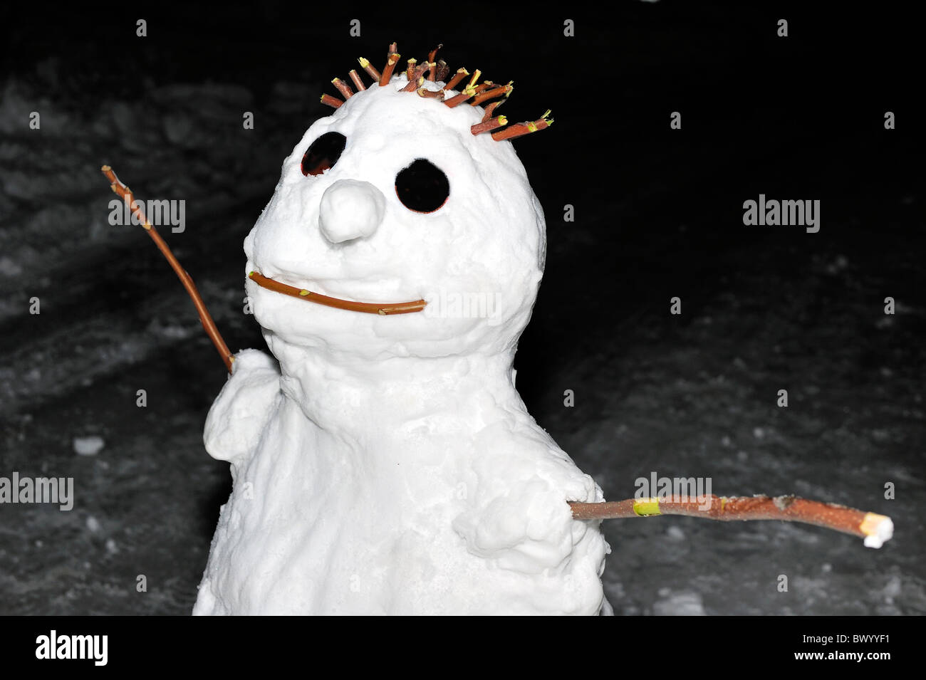 Ein Schneemann in der Nacht fotografiert. Platz für Text in den Nachthimmel Stockfoto