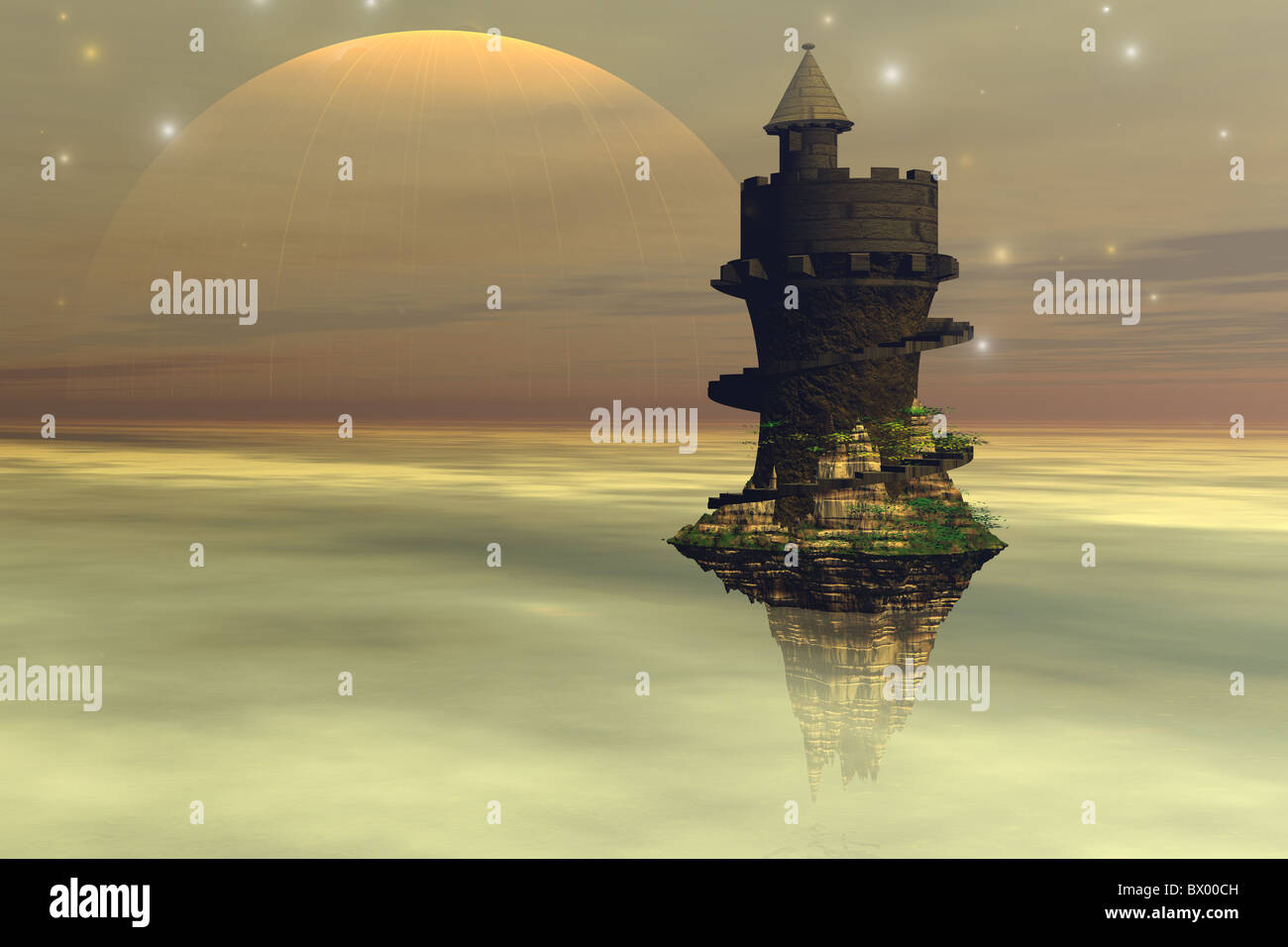 Ein Fantasy-Schloss schwebt in den Wolkenschichten des Planeten. Stockfoto