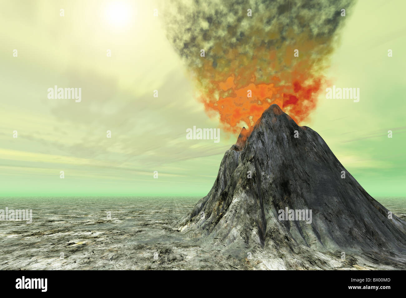 Schwefel Himmel - ein Vulkan mit dem Rauch, Asche und Feuer. Stockfoto