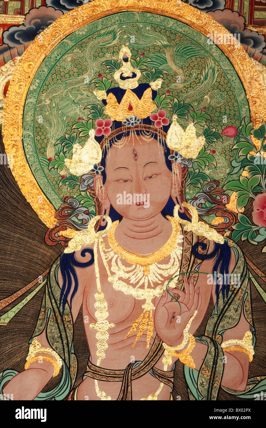 Exquisite lackiert weiß Mutter Tara Tangka, Tibet, China Stockfoto