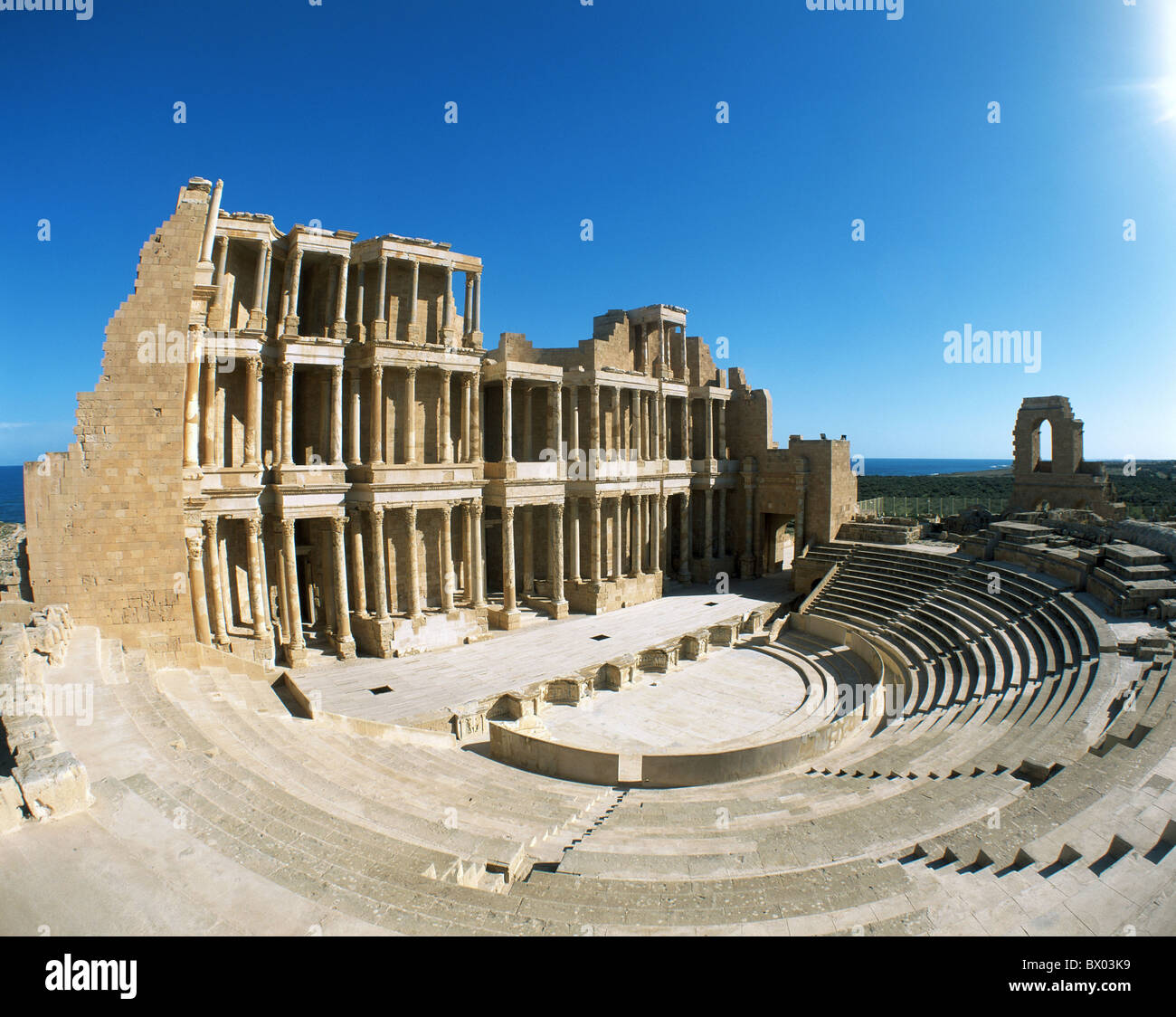 antik antike antike historische Libyen römischen Ruinen Sabratha Theater UNESCO Weltwunder. Stockfoto