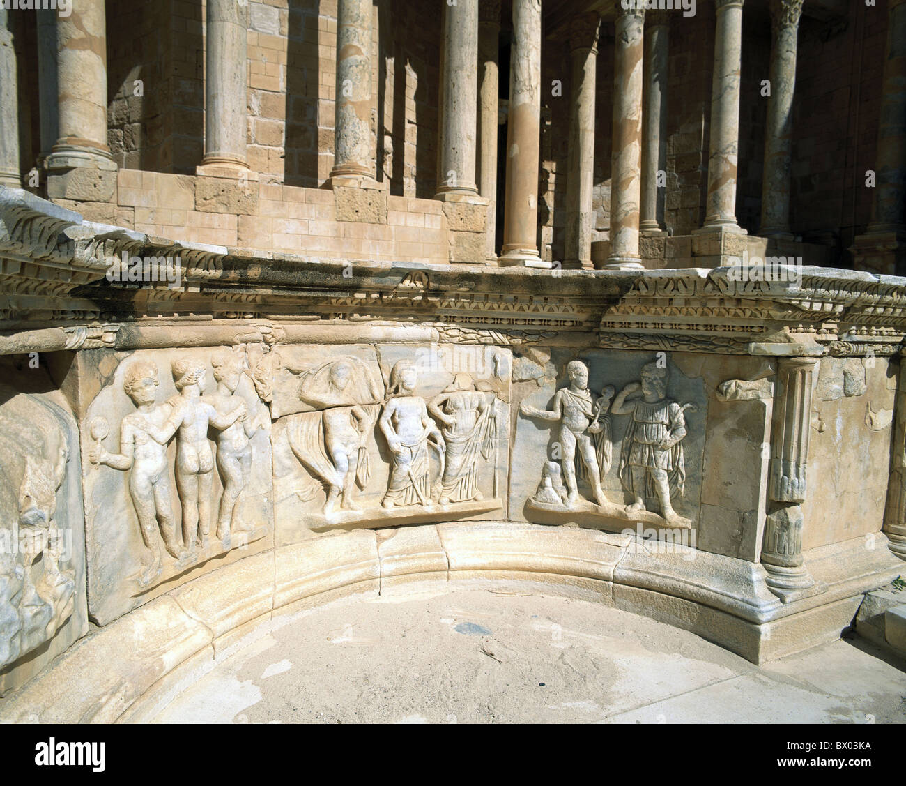 antik antike antike Detail historische Libyen Relief, Roman Roman Sabratha Theater UNESCO-Ruinen Stockfoto