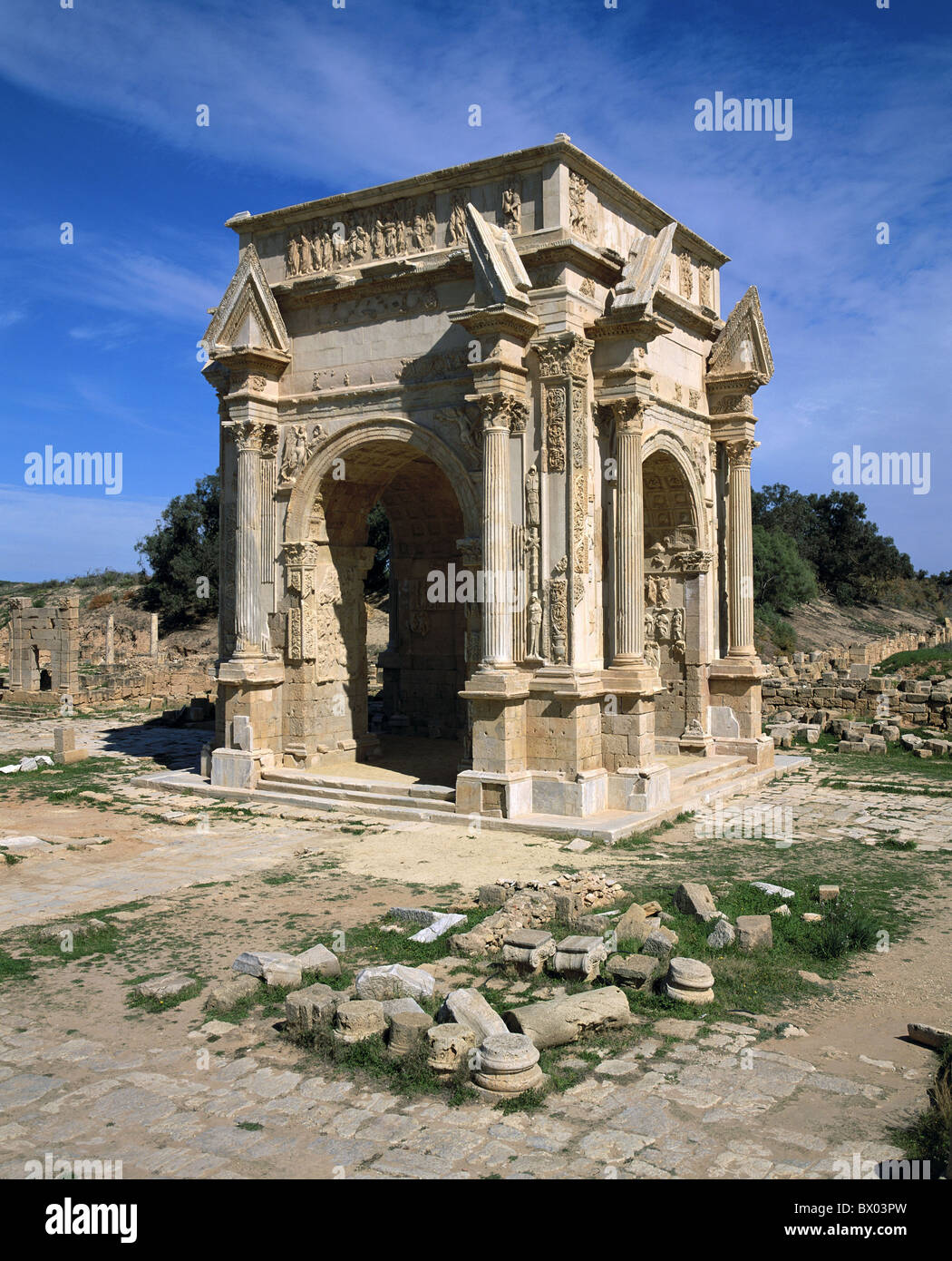 antik antike antike Leptis Magna Libyen römische römischen Triumphbogen des Septimius Severus UNESCO Stockfoto