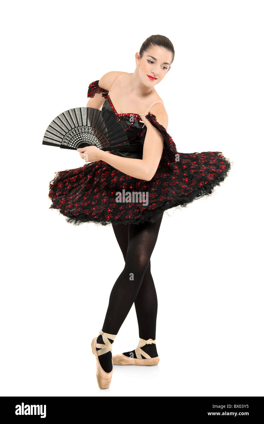 In voller Länge Portrait schöne Ballerina Tänzerin mit Fächer Stockfoto