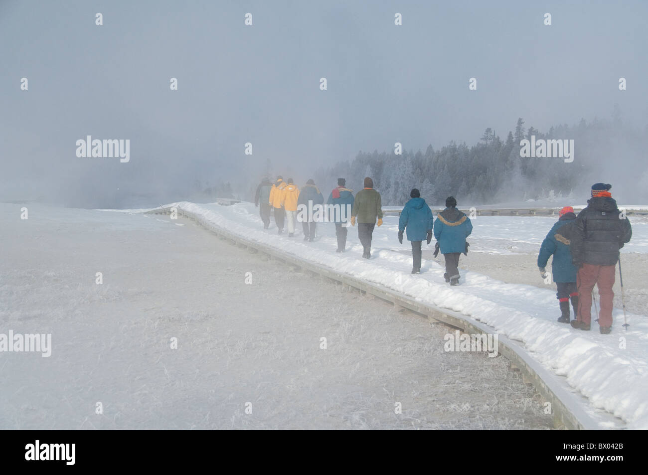 USA, Wyoming. Yellowstone-Nationalpark, Touristen auf den Old Faithful Geysir Trail im Winter. Stockfoto