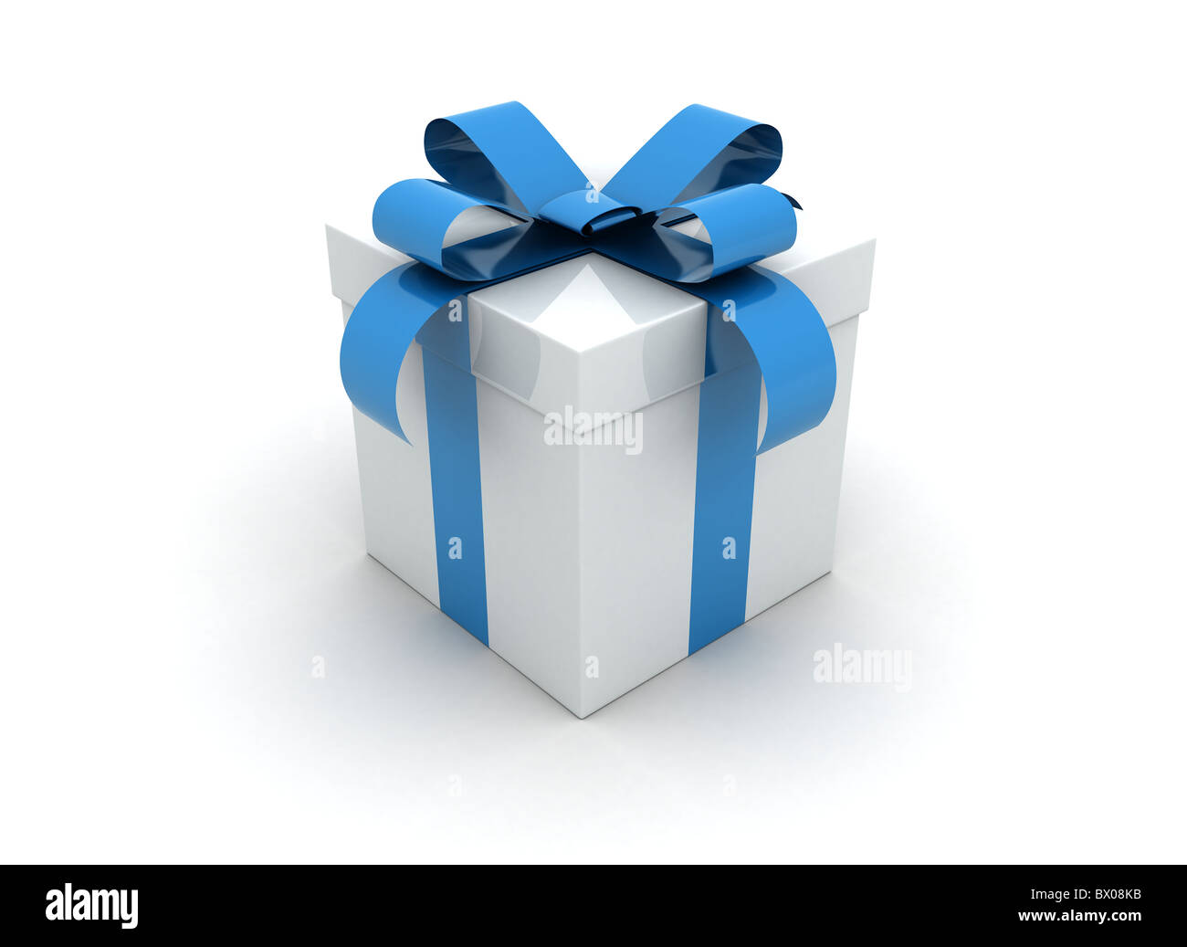 ein weißer Geschenkbox mit blauen Band und Bogen isoliert Stockfoto
