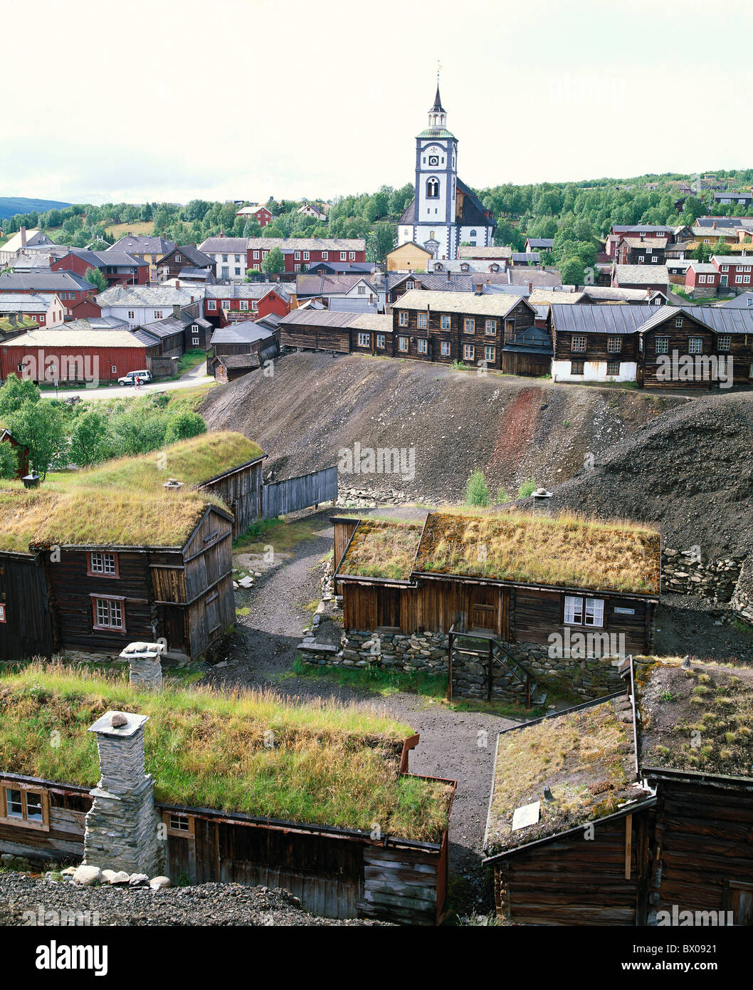 alte Hütten Ansicht Bergbau Kupferminen Stadt Norwegen Europa Roros Roros UNESCO Weltkulturerbe Stockfoto