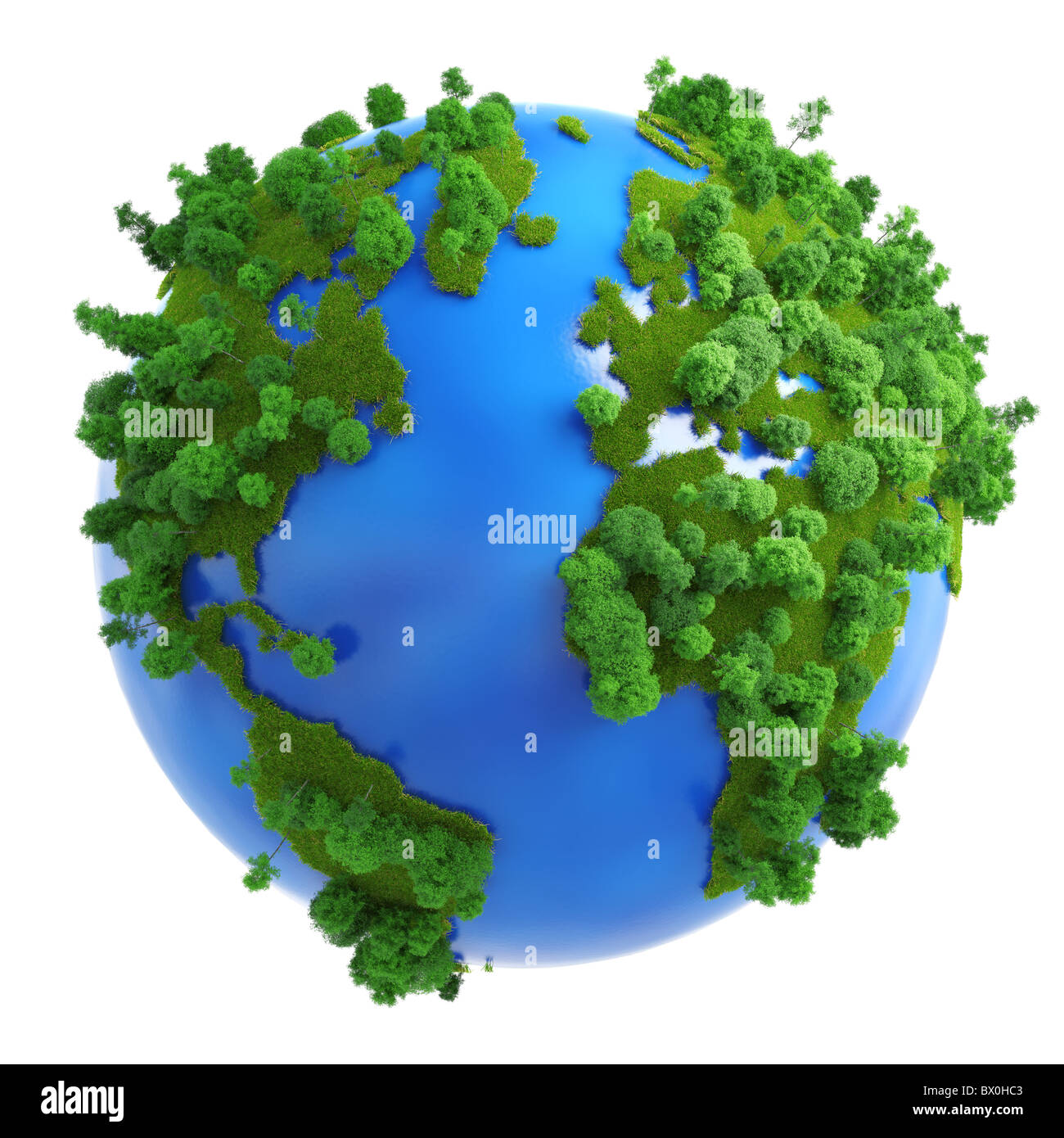 Isolierte grüner Planet-Konzept mit grünem Rasen und Bäumen auf die Kontinente und blau auf den Weltmeeren. Stockfoto