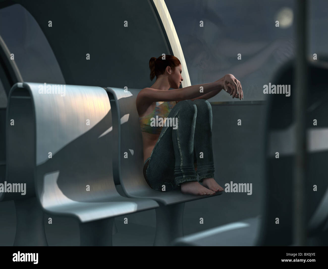 einsame Frau sitzt in einer leeren Zug Beförderung Stockfoto