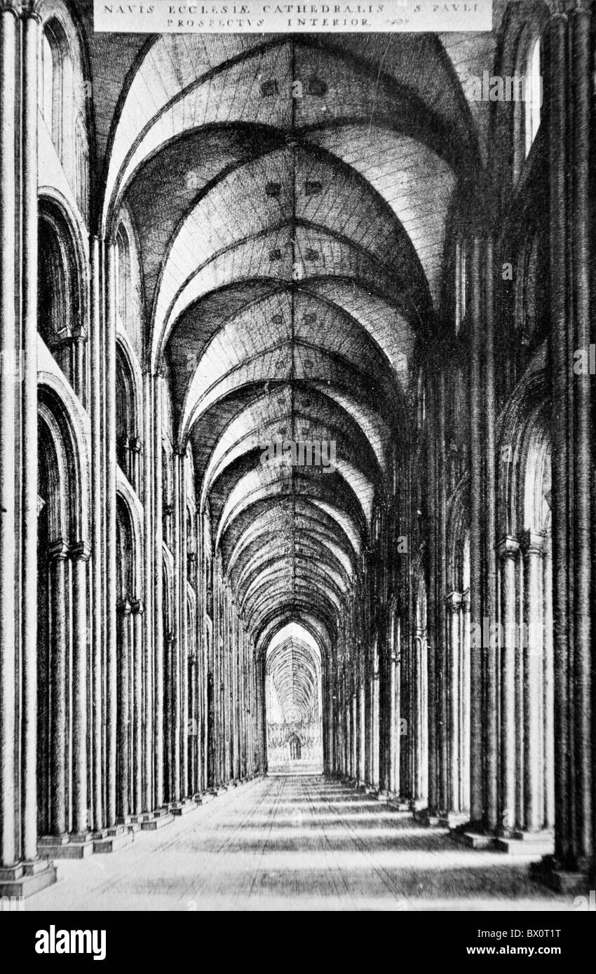Der Innenraum des Kirchenschiffs der alten St. Pauls Cathedral, London; Schwarz und weiß-Abbildung; Stockfoto