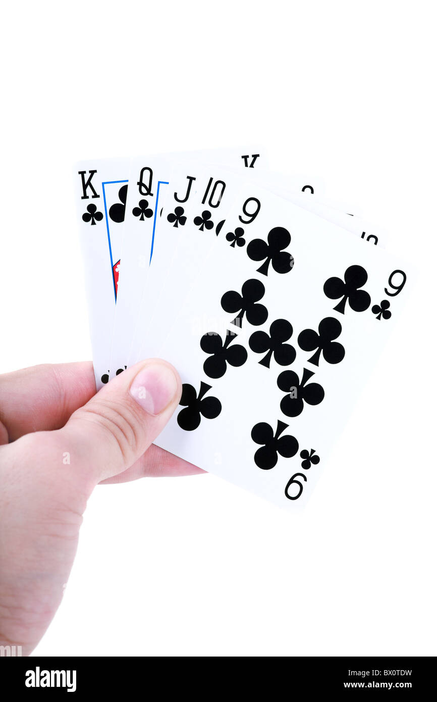 Hand, die Royal Flush - höchste Pokerblatt isoliert auf weißem Hintergrund Stockfoto