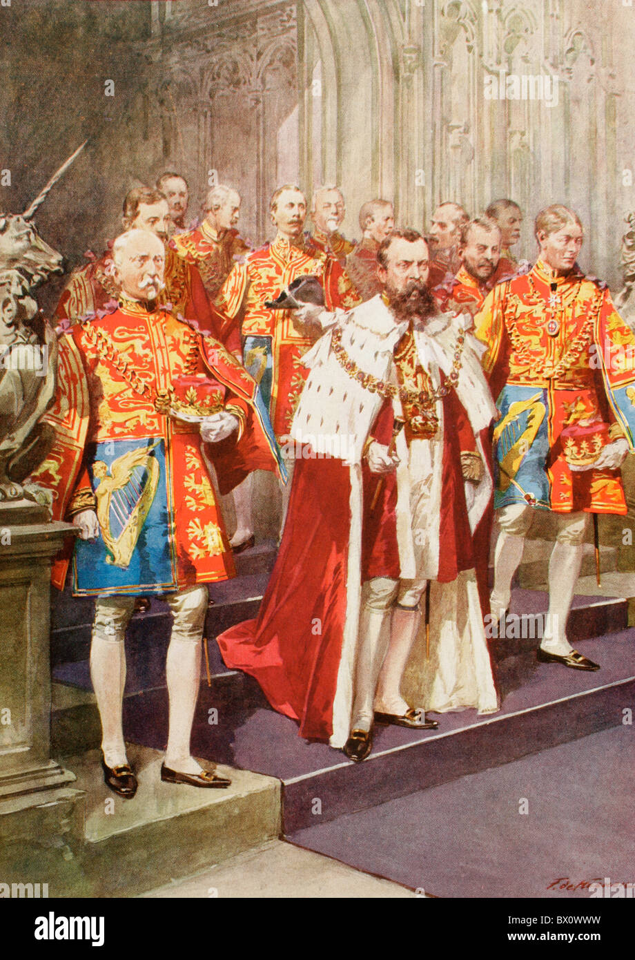 König George V und die Offiziere der Herolde College, während seiner Krönung im Jahre 1910 Stockfoto