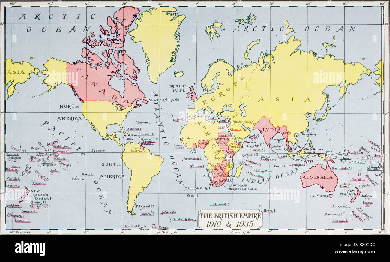 Diese Karte zeigt die King George V Reich, in rot, 1910 und 1935. Stockfoto