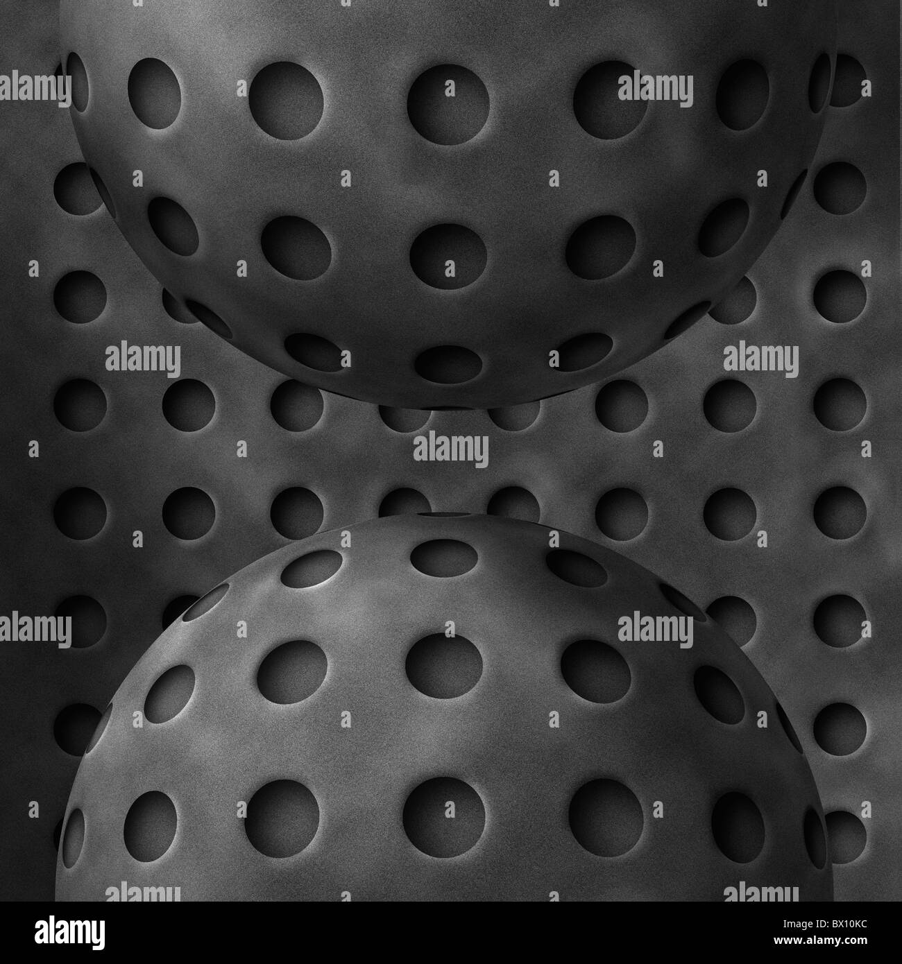 Escher-artige schwarz / weiß Darstellung der abstrakten Metallkugeln mit Löchern. Strukturen ähneln Wiffle Eisenkugeln. Stockfoto