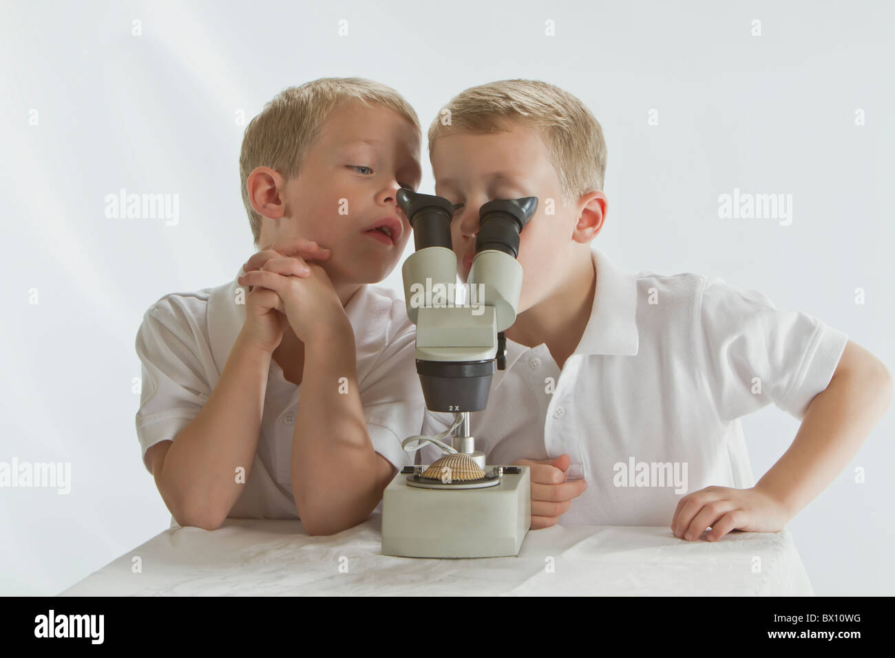 6 Jahre alten Zwillinge Blick durch ein Mikroskop studieren Stockfoto