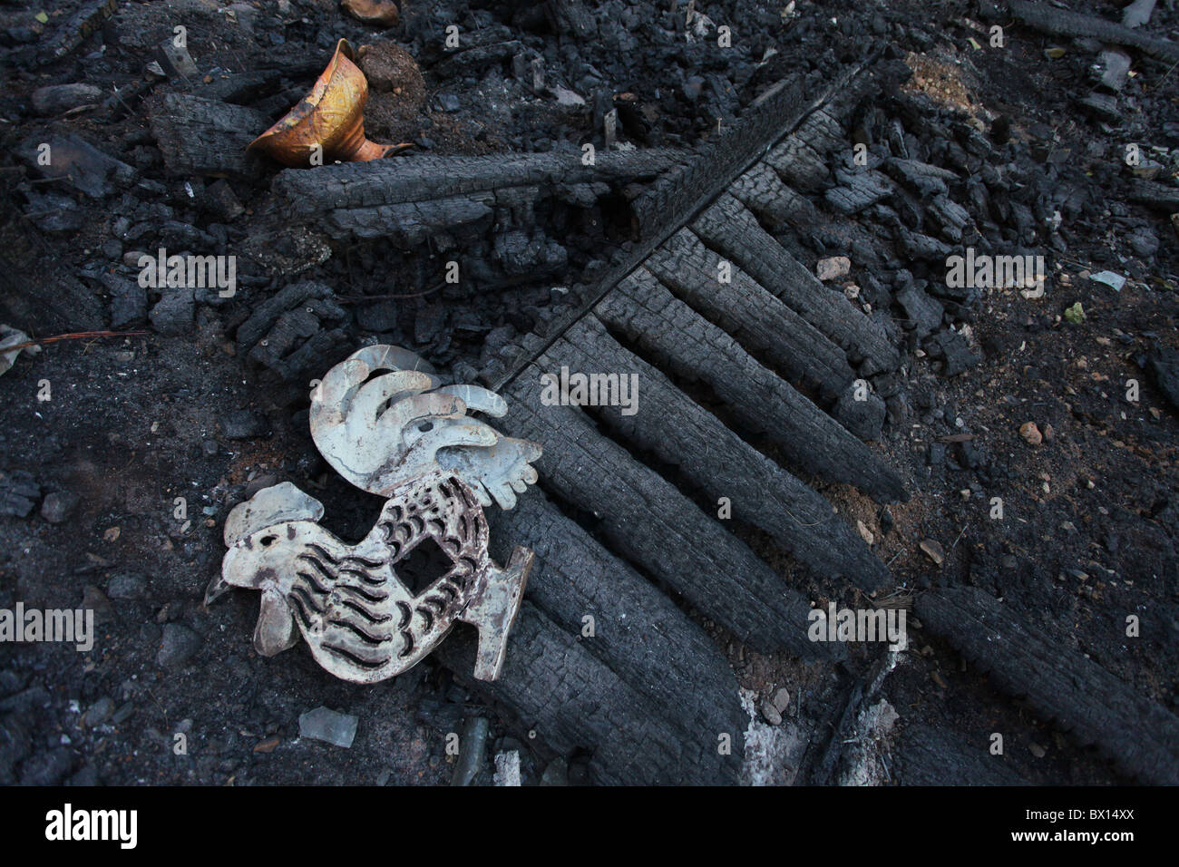 Überbleibsel der Artikel gefunden in einem Haus verbrannt durch ein verheerendes Feuer in Kibbutz Beit Oren am Stadtrand von Haifa, Israel Stockfoto