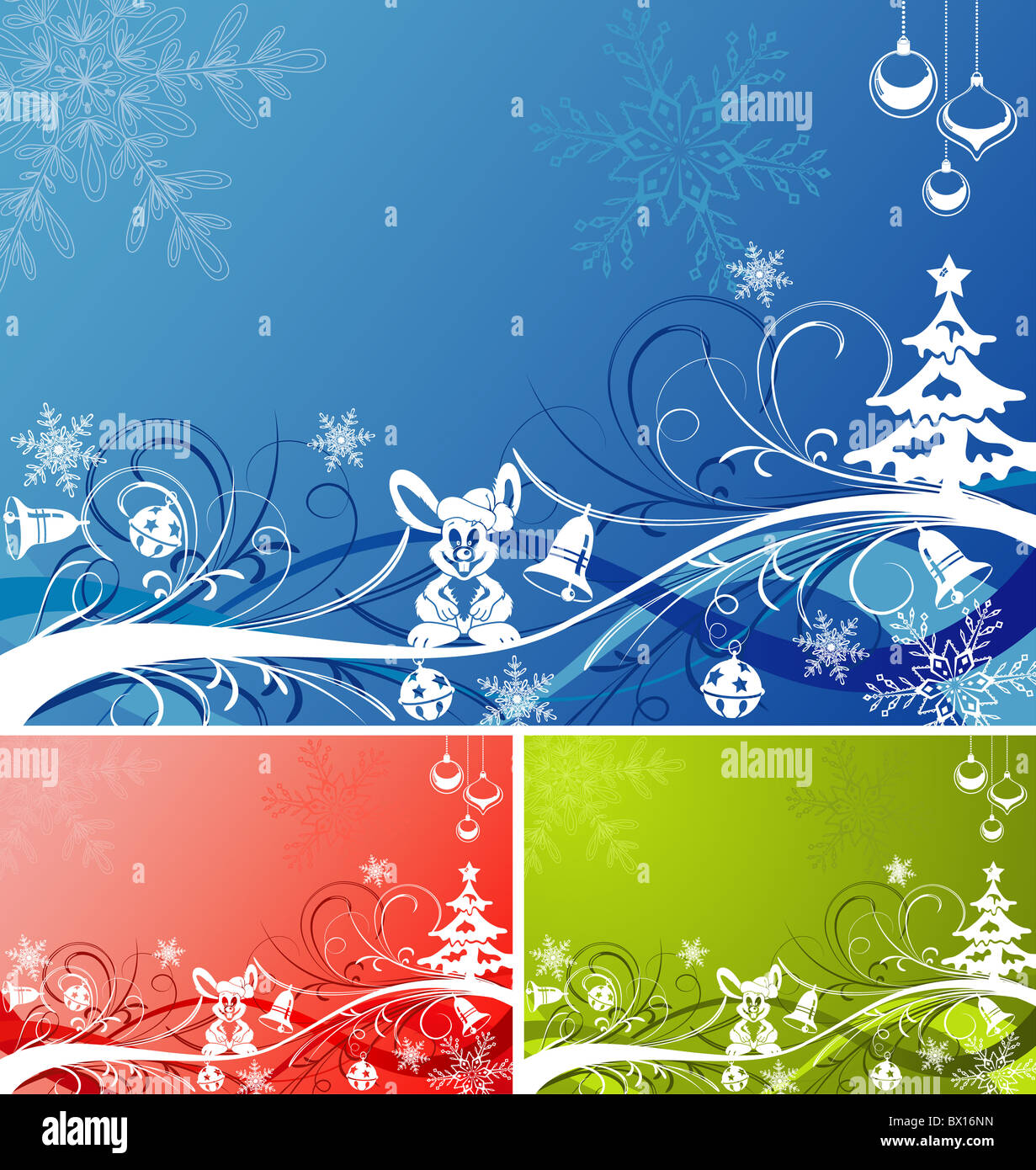 Drei Weihnachten Hintergrund mit Baum, Kaninchen und Wave-Muster in verschiedenen Farben, Vektor-illustration Stockfoto