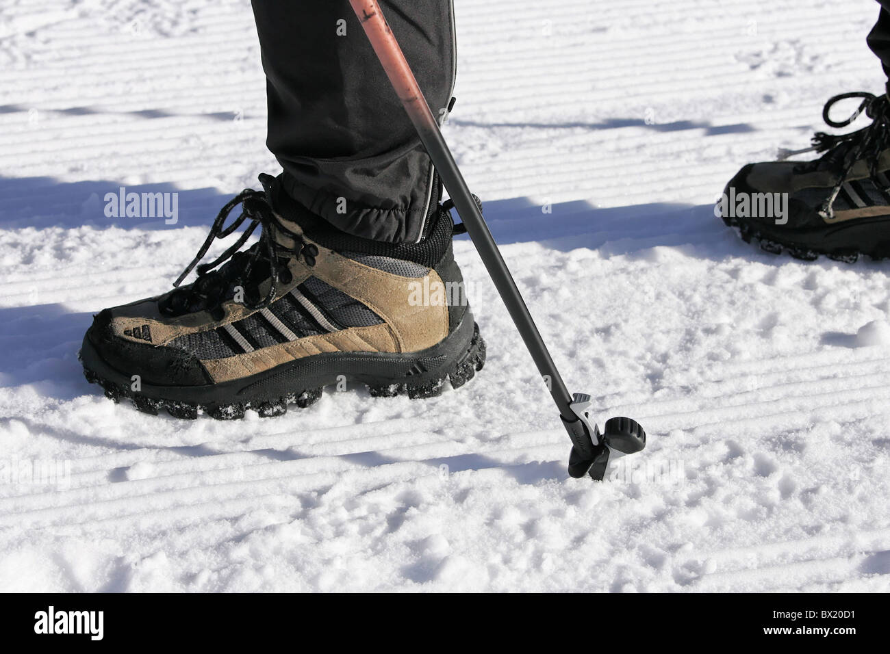 Nordic Walking Detail Schuhe Wanderschuhe winter Wandertouren laufen Etagen Stöcke Freizeit-Sport-Wintersport Stockfoto