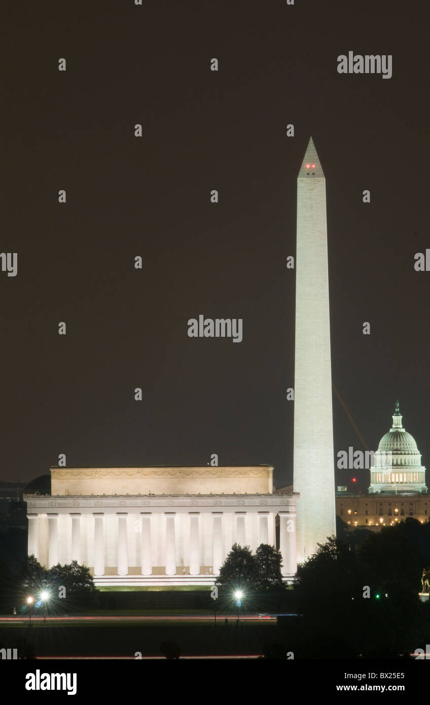 Das Lincoln Memorial, Washington Monument und das United States Capitol Gebäude in Washington, DC. Stockfoto