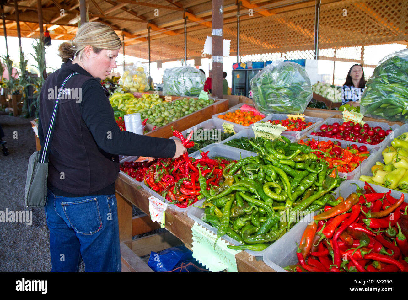 Frau shopping für eine Vielzahl von Paprika auf ein Outdoor-Bauernmarkt in Fruitland, Idaho, USA. HERR Stockfoto