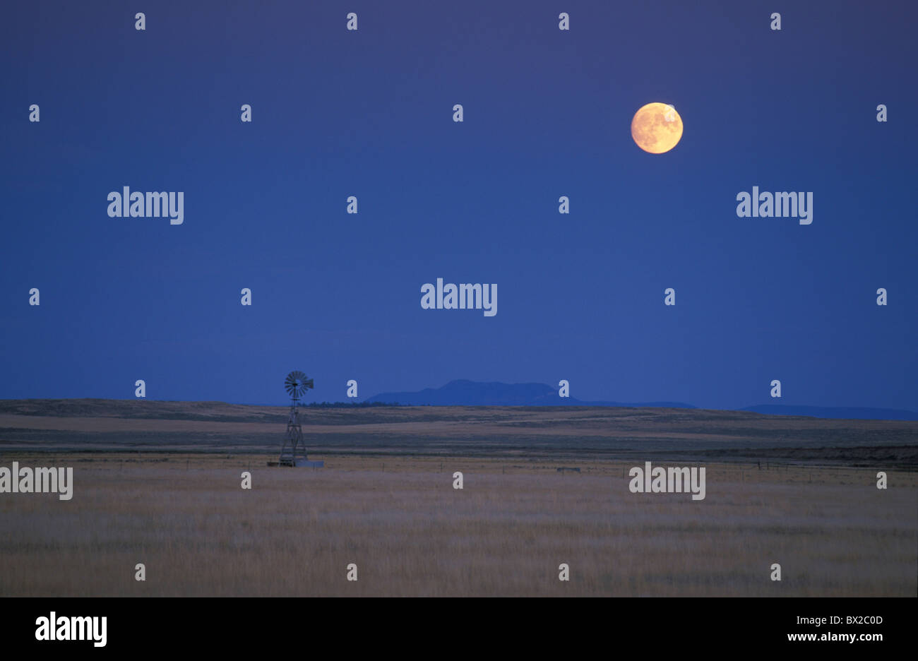Landschaft gut Wind Turbine Prärie Mond Vollmond in der Nacht Nacht Wyoming USA Vereinigte Staaten Stockfoto