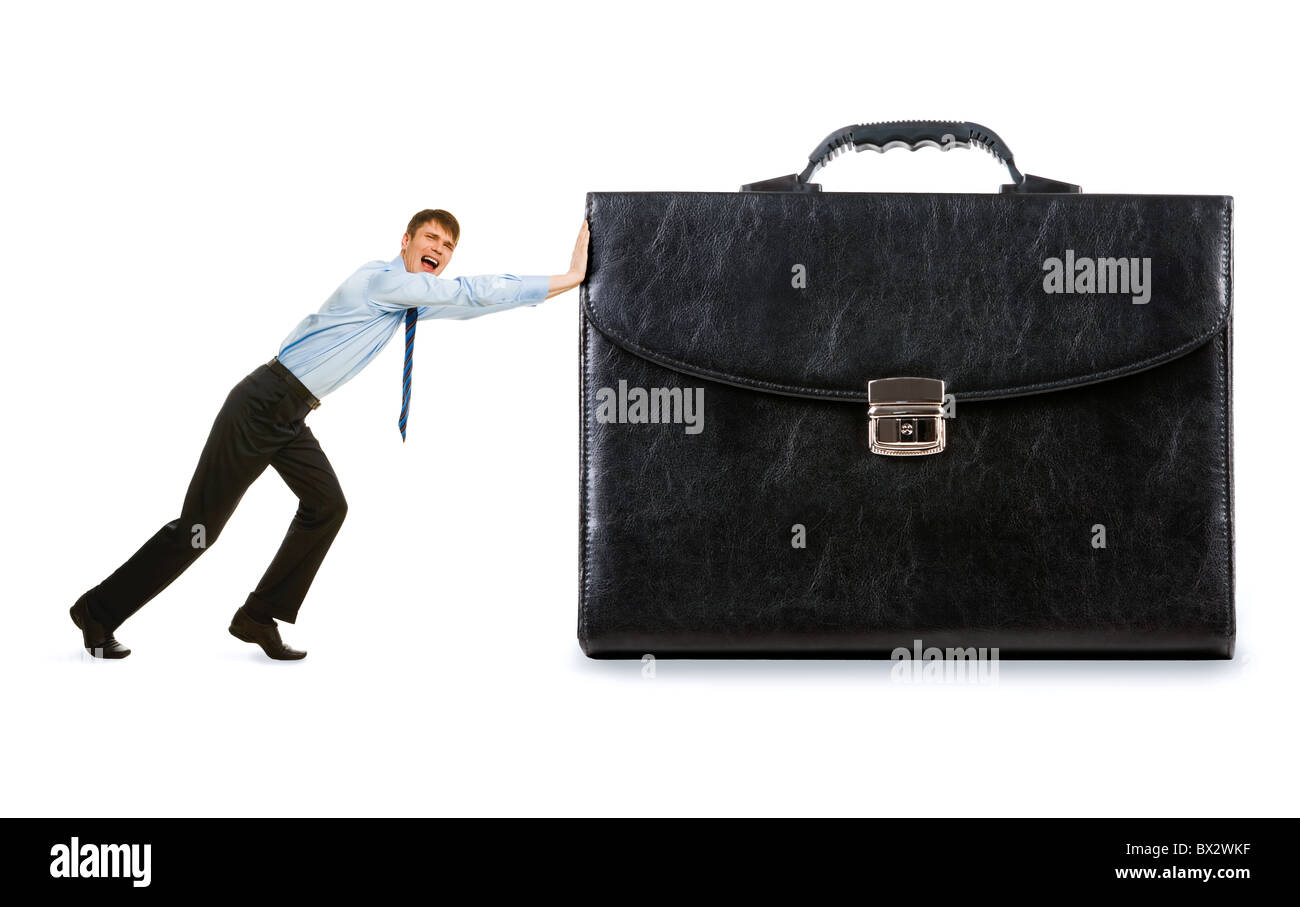 Bild der starken Geschäftsmann Drängen seiner großen Unternehmen Stockfoto