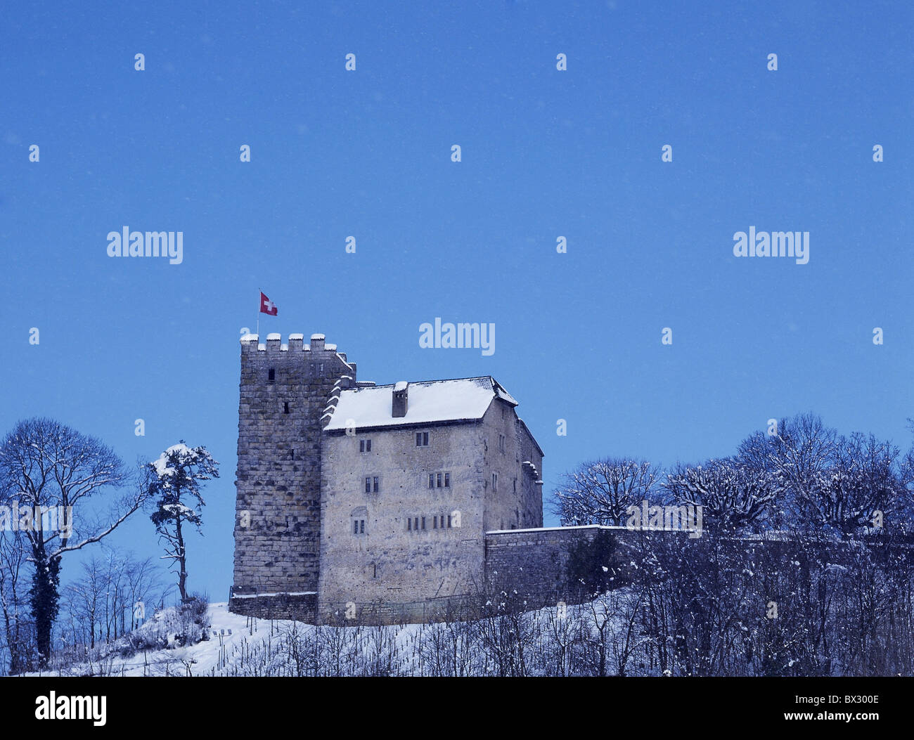 Habsburger Burg Festung Stammburg Habsburger Geschichte Winter Schnee Kanton Aargau Schweiz Europa Stockfoto