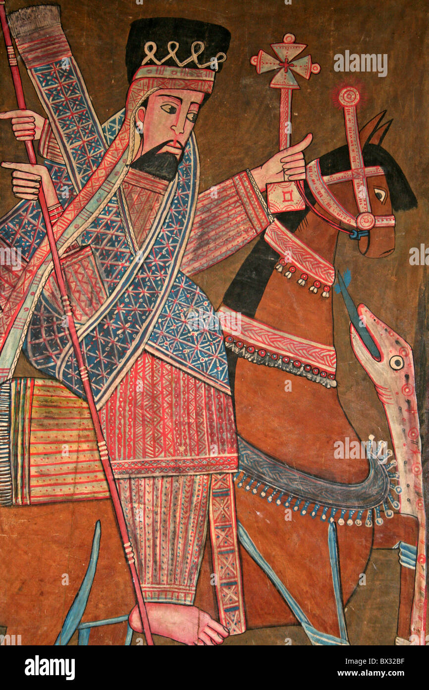 Traditionelle äthiopische Malerei zeigt St Georg tötet den Drachen Stockfoto