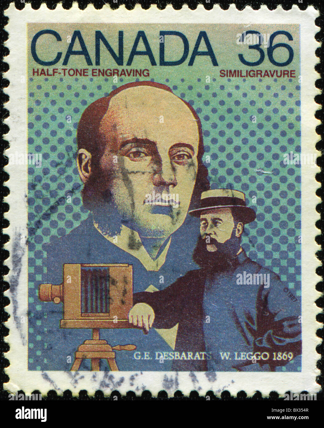 Briefmarke herausgegeben, um zwei kanadische Erfinder - GEORGES EDOUARD DESBARATS (1838-1893) und WILLIAM LEGGO (1830-1915) zu Ehren. Stockfoto
