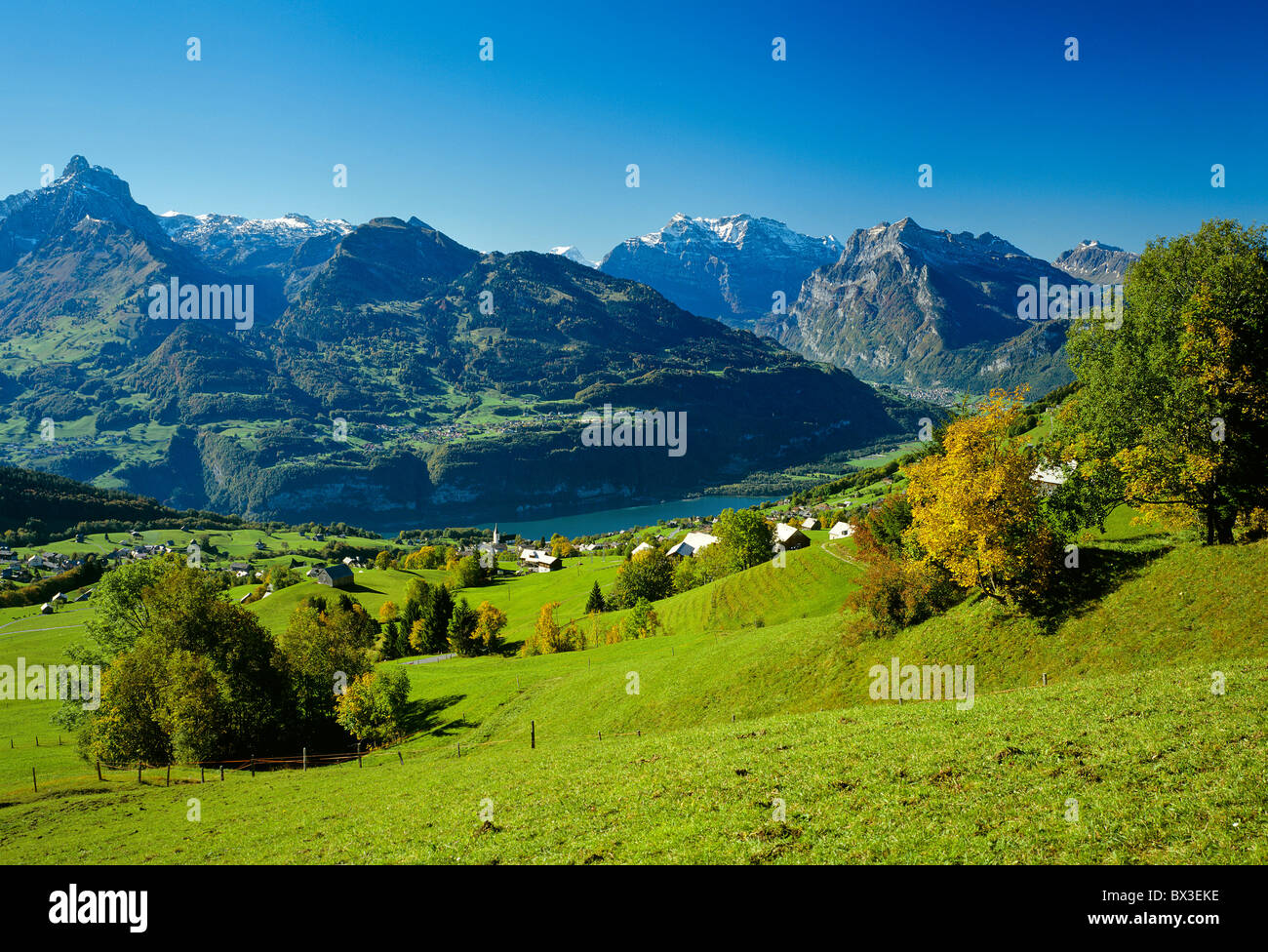 Schweiz Europa Kanton St. Gallen Amden Dorf verstreut Siedlung Walensee Herbst Berge Alpen Szene Stockfoto