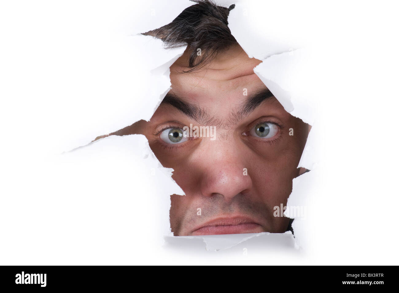 Objekt auf weiß - Gesicht auf weißem Papier hautnah Stockfoto