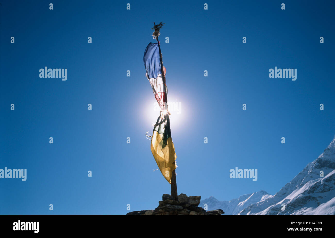 Tarcho Fahnenstange Flagstaff Fahnen verschiedene Farben Buddhismus Religion Welt Religionen Annapurna Gebetsorte Ann Stockfoto