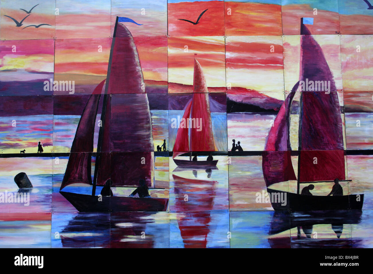 Malerei, die Segelboote auf Kirby Marine Westsee, Wirral, UK Stockfoto